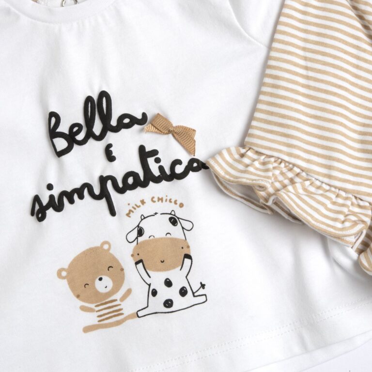 Conjunt Samarreta Blanca "Bella e Simpatica" i Bermudes a Ratlles amb Volants - Chicco - Imagen 2